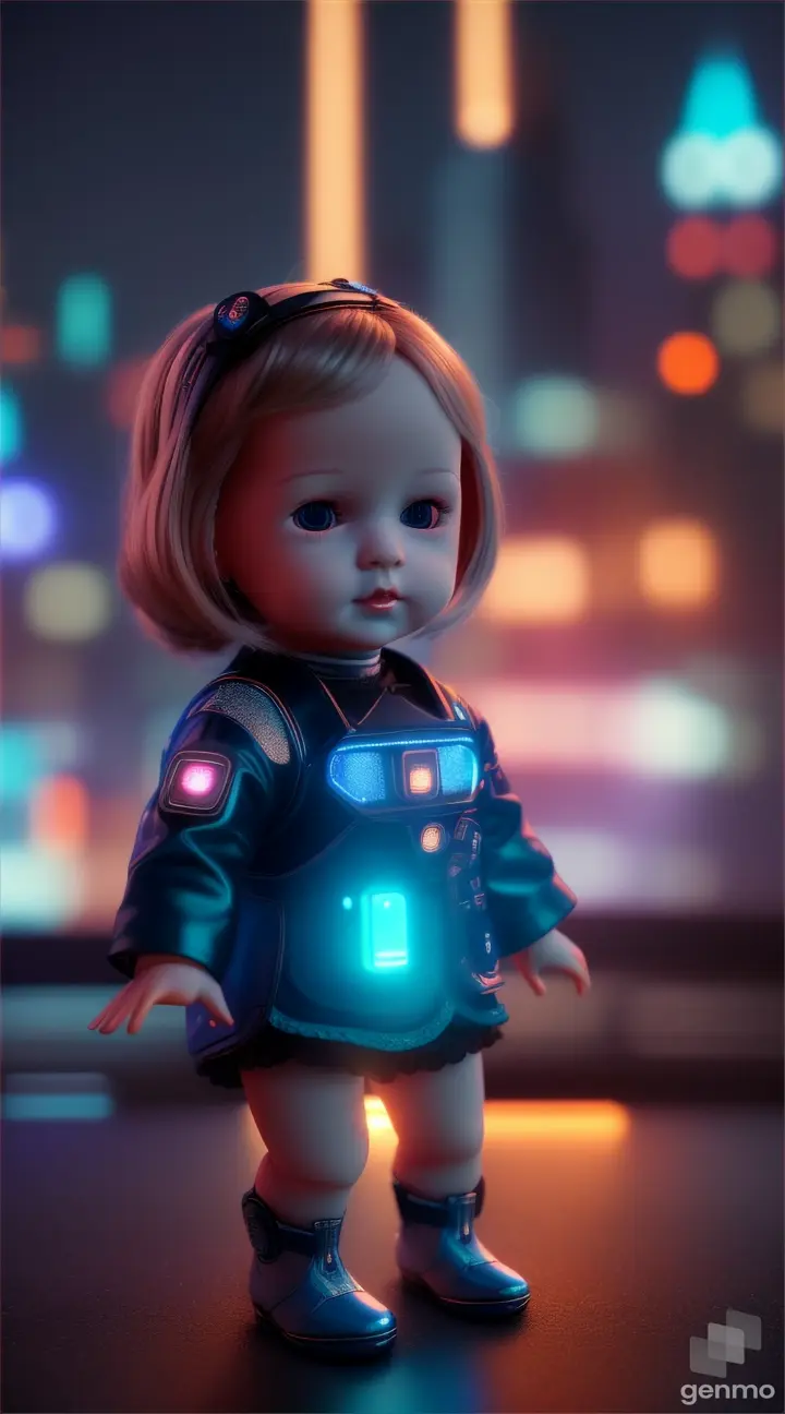 Sci fi little baby doll running in USA, glowing lights, shooting stars, looks like Dutch doll, 8K, 9:16 ratio