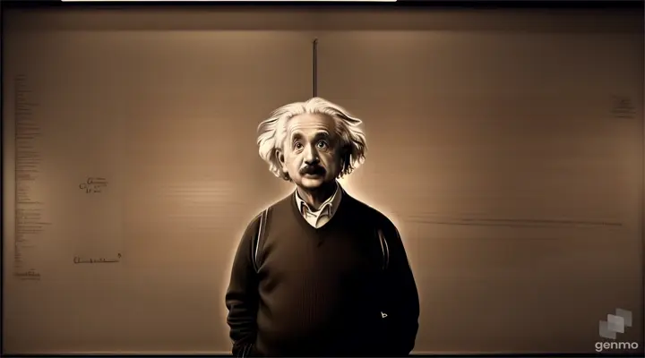 Albert Einstein standing in front of a futuristic blackboard with equations and scientific imagery