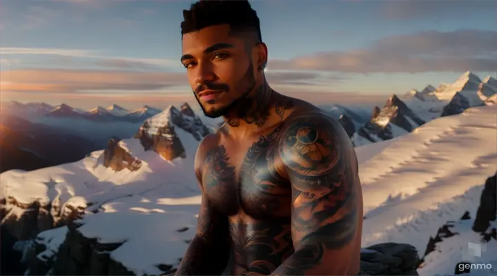 Tattooed man bathed in warm golden light, perched on a cliff with snow-capped peaks in the background