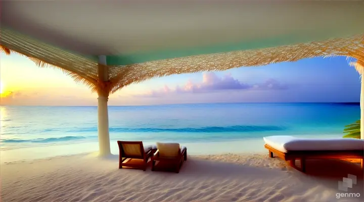 A stunningly realistic photograph of a tropical paradise in the Maldives. The snow-white sandy beach is framed by a crystal-clear ocean with gentle waves lapping at the shore. From a premium relaxation area, a soft bed adorned with plush pillows is situated beneath a canopy made of palm leaves. A small table nearby holds a refreshing cocktail and an assortment of luscious fruits. Heart-shaped candles and luminescent bio fireflies illuminate the scene, casting a warm and inviting glow. The peaceful atmosphere of calm and relaxation is palpable in this idyllic beach holiday setting, evening, candles, relaxation, sunset 