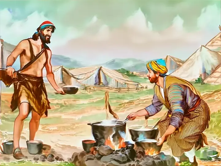 a painting of two men cooking in a field