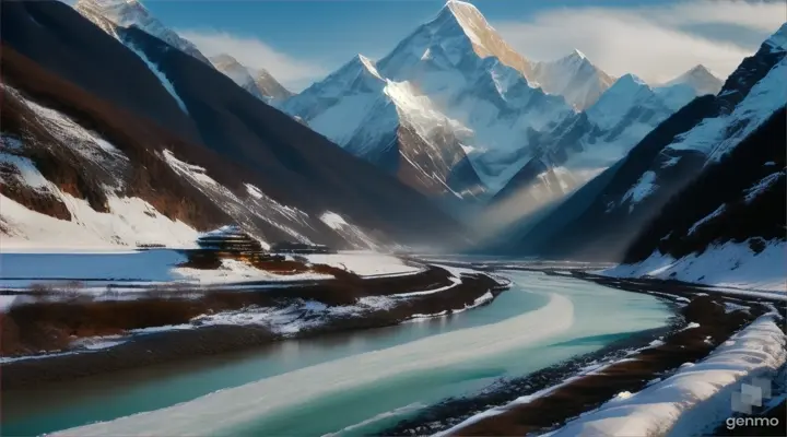 mountain range of Himalaya, pan and zoom motion, birds flying, snowfall, river flowing