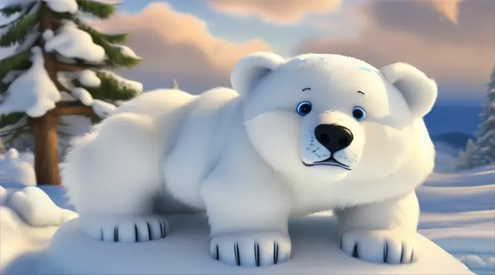 Cartoon baby polar bear sliding down icy slope 