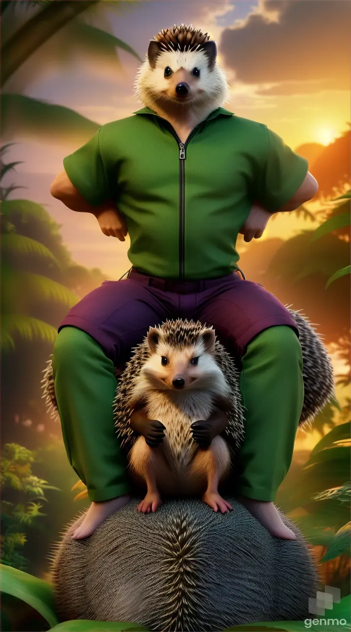 a hedgehog sitting on top of a man in the jungle