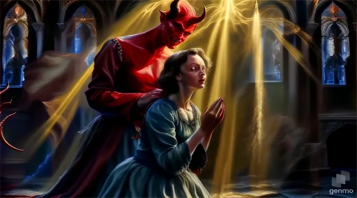 a painting of a devil standing next to a woman