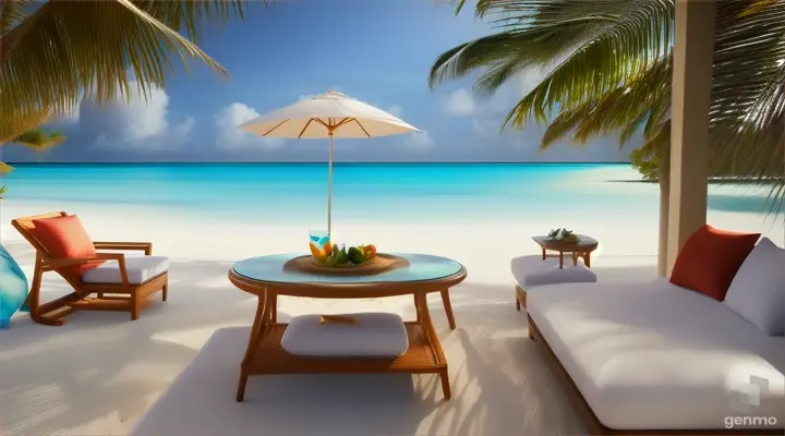 A stunningly realistic photograph of a tropical paradise in the Maldives. The snow-white sandy beach is framed by a crystal-clear ocean with gentle waves lapping at the shore. From a premium relaxation area, a soft bed adorned with plush pillows is situated beneath a canopy made of palm leaves. A small table nearby holds a refreshing cocktail and an assortment of luscious fruits. Heart-shaped candles and luminescent bio fireflies illuminate the scene, casting a warm and inviting glow. The peaceful atmosphere of calm and relaxation is palpable in this idyllic beach holiday setting, evening sunset, clear sky