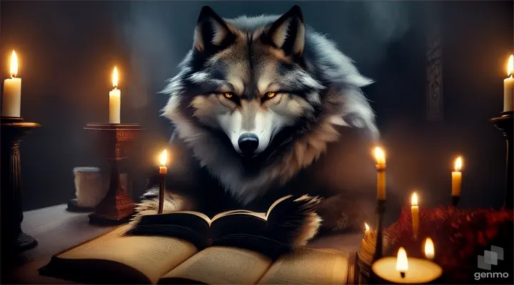 Злой волк читает книги, горят свечи