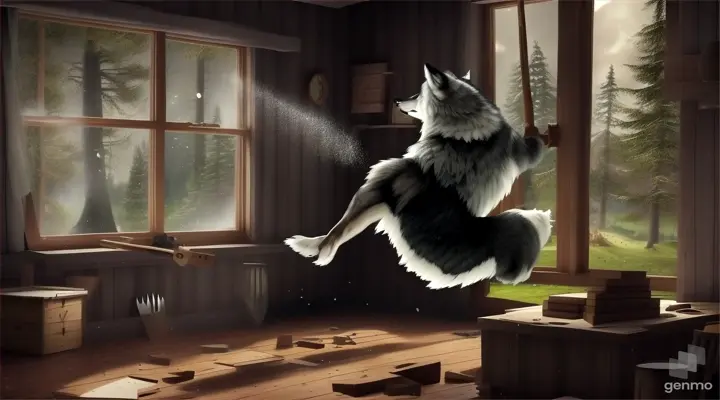  make an animated video of The woodsman swung his mighty axe andsmashing the windowpane of cottage into pieces just as the wolf tumbled outside from window and hit the ground running. 