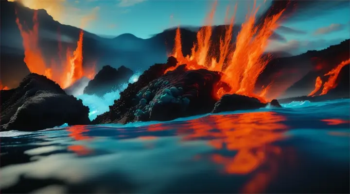 Volcanic eruption underwater, showing a fiery contrast against cool blue-green waters in a dynamic rock formation