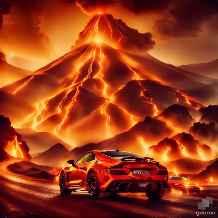 a car driving down a road with a volcano in the background