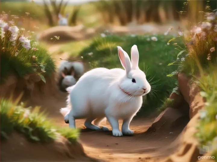 a white rabbit running into a burrow