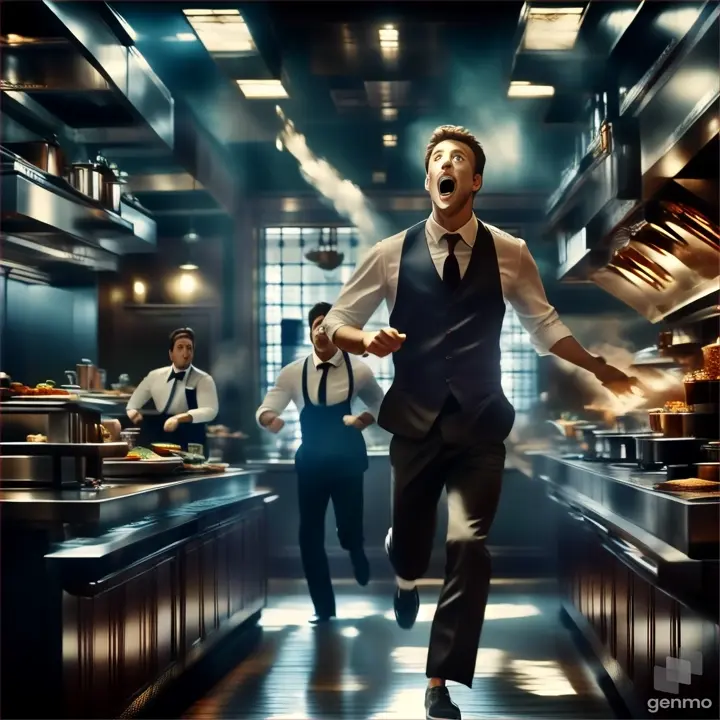 a man running through a kitchen in a restaurant