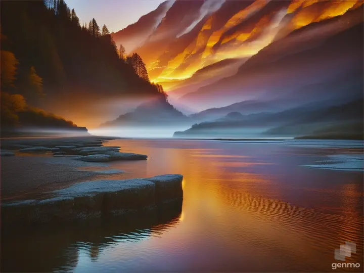 The sunrise illuminates the river, enhancing its beauty with a fiery glow,