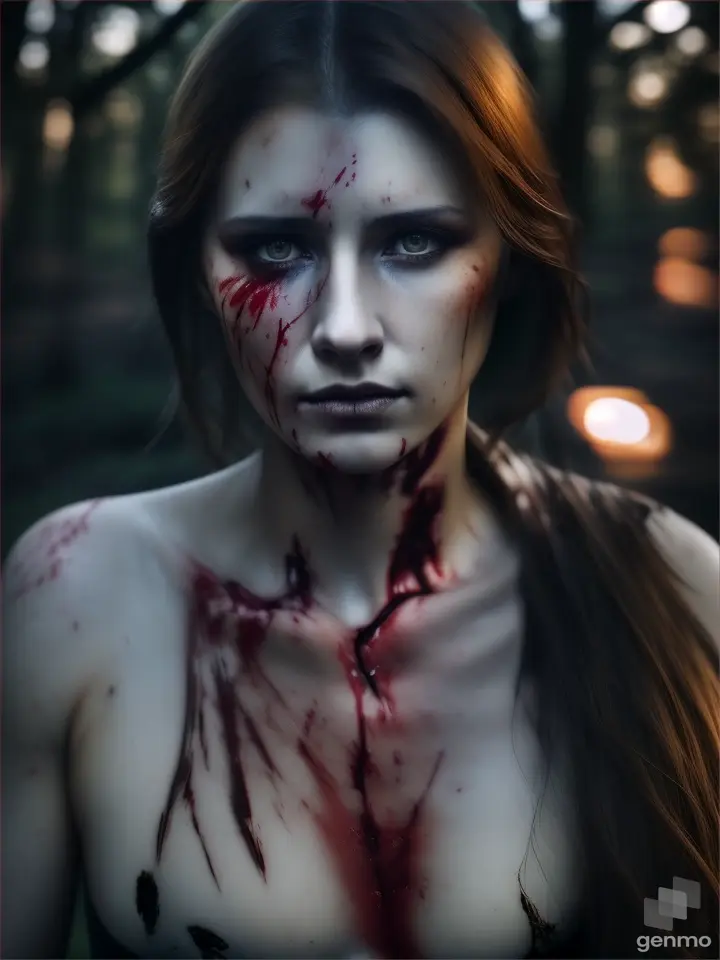 Full HD beautiful woman human eyes , lips face detail’s,brown hair she is hurt with blood in cut scar on neck blood, ela está machucada, lindos olhos rosto ,with blood ,corte no pescoço, in casual clothes, with fear shocked expression, night e deitada na floresta a noite realistic at night, low light realistic colors 