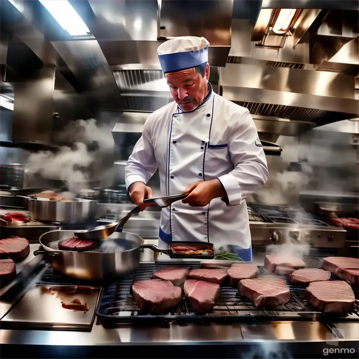 a man cooking steak on a grill in a kitchen