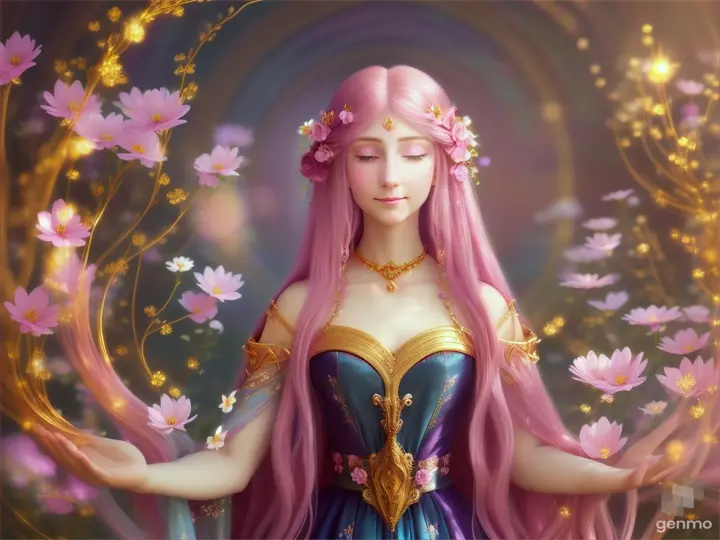 The image depicts a character with their face blurred, surrounded by a serene and mystical environment. The character has long, flowing pink hair adorned big blue eye smile a little with flowers and wears intricate golden jewelry. horizontal image