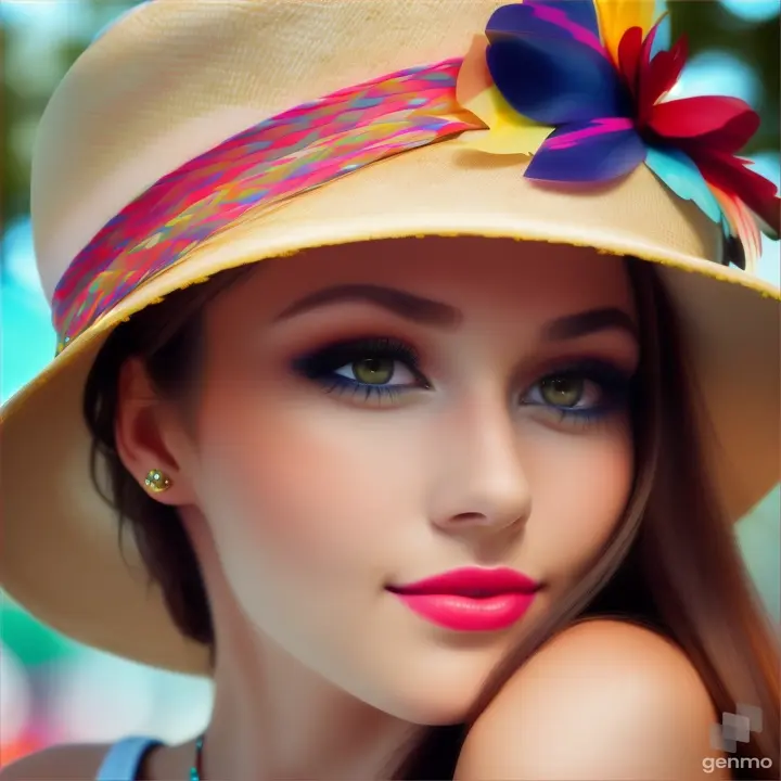 A beautiful European girl lowers her eyelids and opens his eyes wide. HAT ON HEAD. bright colors. The girl blinks her eyes.