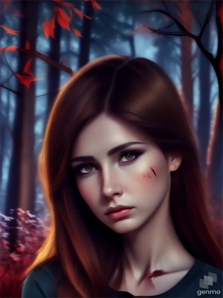 Full HD distance photo suspense fear , beautiful woman human expressive eyes lips face detail’s, straight brown hair ,she is hurt with blood in cut scar on neck blood, ela está machucada, lindos olhos, in casual clothes, with fear shocked expression, laying in forest night floresta a noite realistic, low light realistic colors