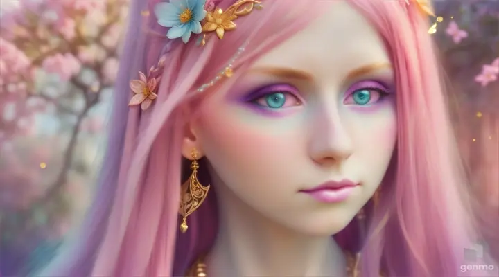 The image depicts a character with their face blurred, surrounded by a serene and mystical environment. The character has long, flowing pink hair adorned big blue eye smile a little with flowers and wears intricate golden jewelry. horizontal image