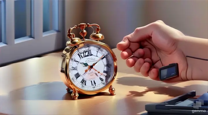 a person holding their hand next to an alarm clock