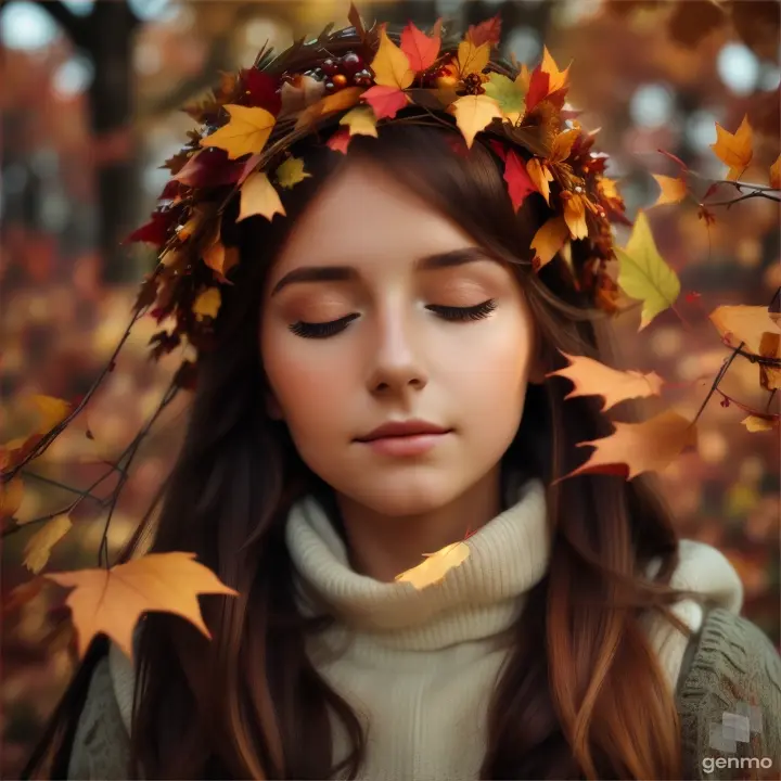 “A beautiful European girl lowers her eyelids and completely closes her eyes. then opens his eyes wide. A wreath of autumn leaves on her head. The girl blinks her eyes.”