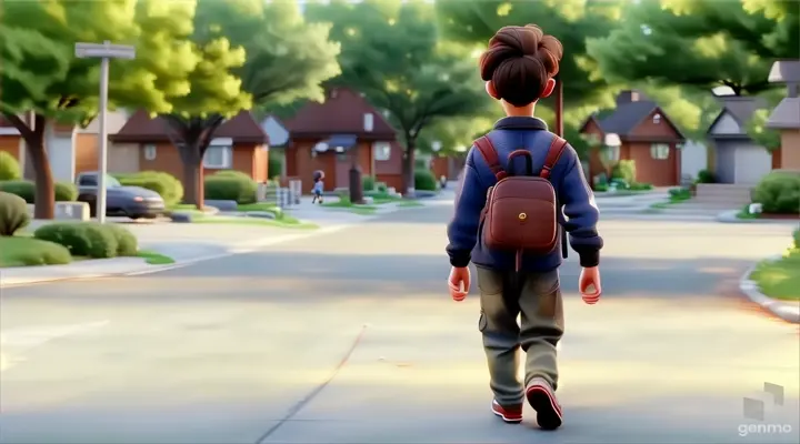 a boy with a backpack walking down a street