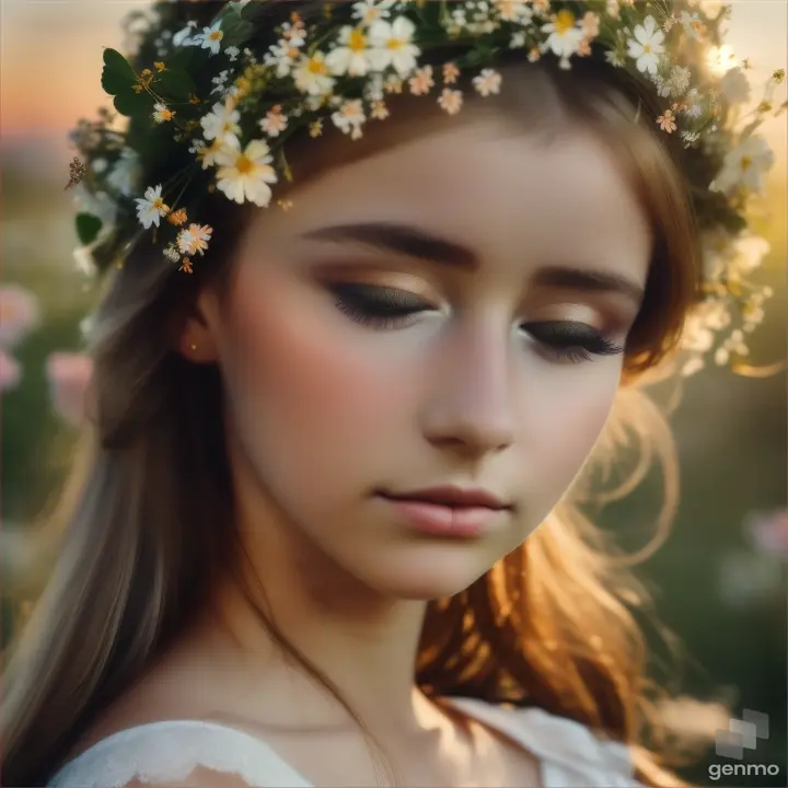 “A beautiful European girl lowers her eyelids and completely closes her eyes. then opens his eyes wide. A wreath of small wildflowers on her head. The girl blinks her eyes.”