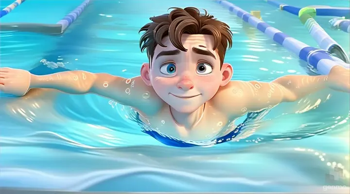 a cartoon boy swimming in a pool with a swimming board