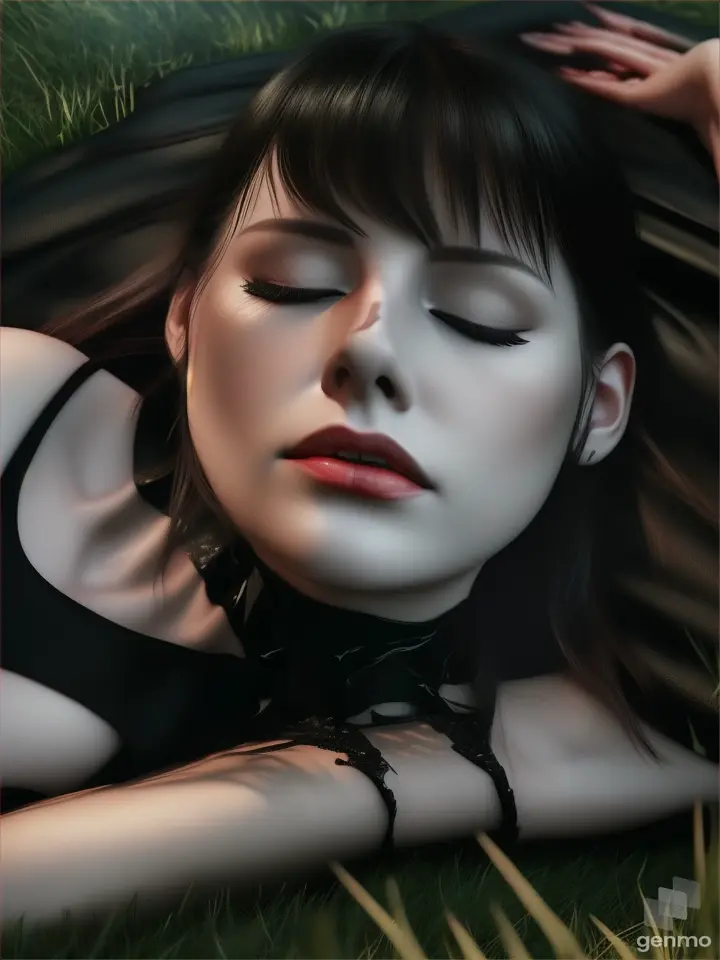 Realistic human details a hurt beautiful face detailed woman with cut in neck blood, laying crawling on the ground in the grass realistic forest night 