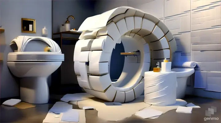 a bathroom with a toilet and a sculpture made out of toilet paper