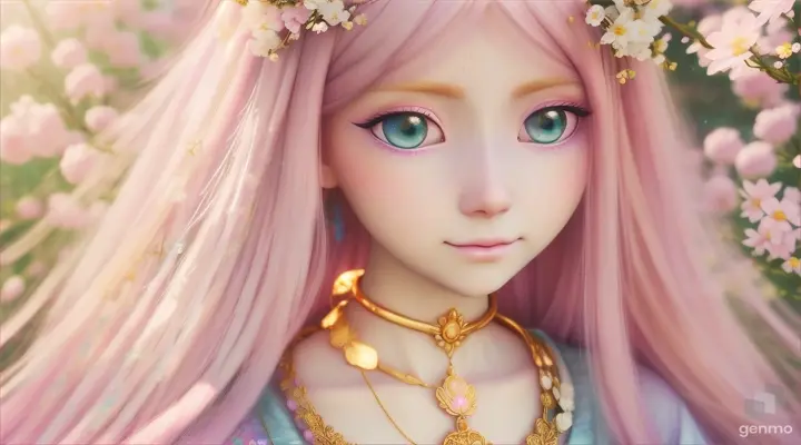 The image depicts a character with their face blurred, surrounded by a serene and mystical environment. The character has long, flowing pink hair adorned big blue eye smile a little with flowers and wears intricate golden jewelry. horizontal image