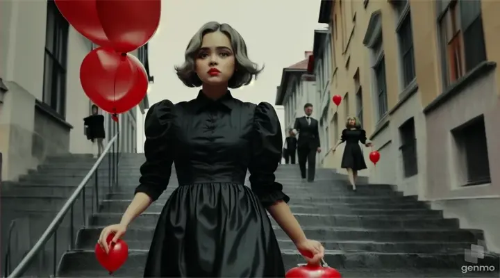 a woman in a black dress walking downstairs holding red balloons