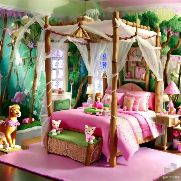 Barbies walking through a whimsical village made of gingerbread and candy, with a canopy bed as the central focal point