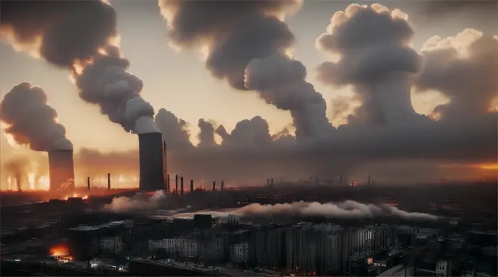 Air pollution engulfing a cityscape, with smokestacks in the background and factory exhaust spewing ominous clouds into the sky