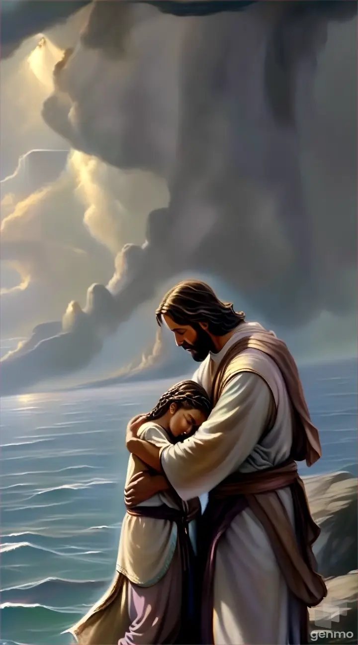 a painting of jesus holding a child on a rock