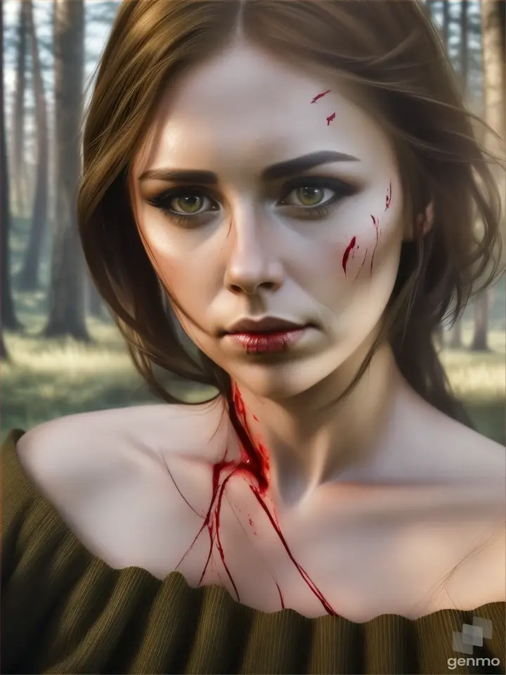 Realistic human details a hurt beautiful face detailed woman realistic straight brown hair, with a cut on neck blood, with fear shocked expression laying crawling on the ground in the grass realistic forest nightmares ja