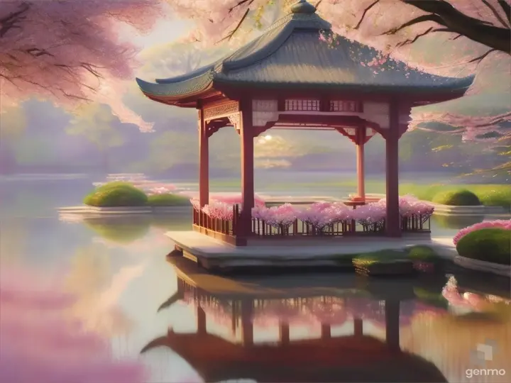 A picturesque pavilion at the edge of a serene lotus pond with cherry blossom petals floating on the water. Use a soft pastel color palette.