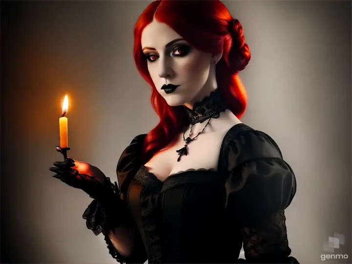 A gothic red-headed woman in a black dress, stepping out of the shadows in the flickering glow of a candle she holds in her hand