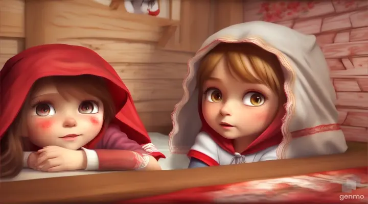  make an animated video of little girl red riding hood talking nervously . zoom on her face. make background of a wooden room a bedroom