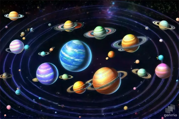 a cartoon  solar system with eight planets dancing in space