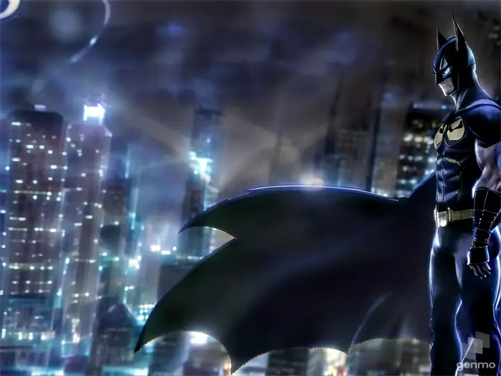 a batman standing in front of a city at night and moving coat