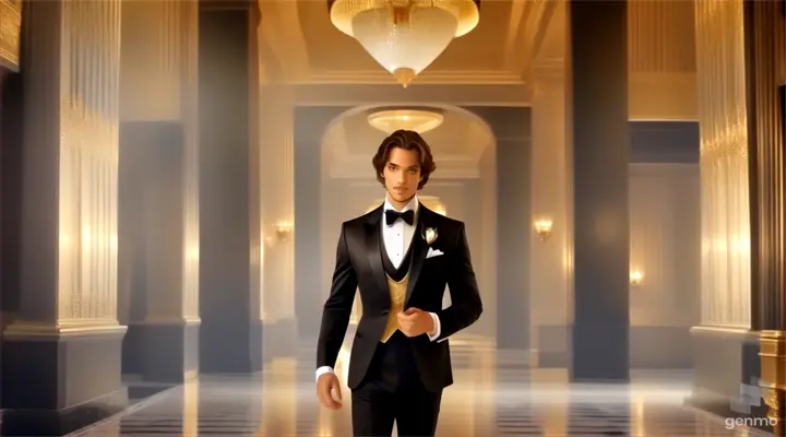 a man in a tuxedo walking down a hall