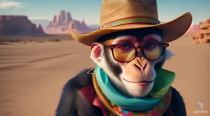 Fashionable cool monkey in a cowboy hat and glasses chews gum