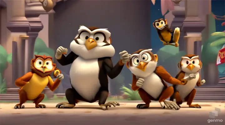 3d cartoon animation videos Hearing the monkey's words, all the owls became angry and pounced on the monkey to beat it up.