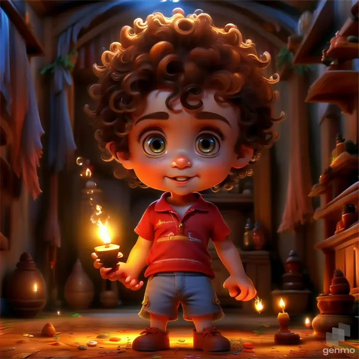 a little boy with curly hair holding a lit candle, make the boy and candle move 