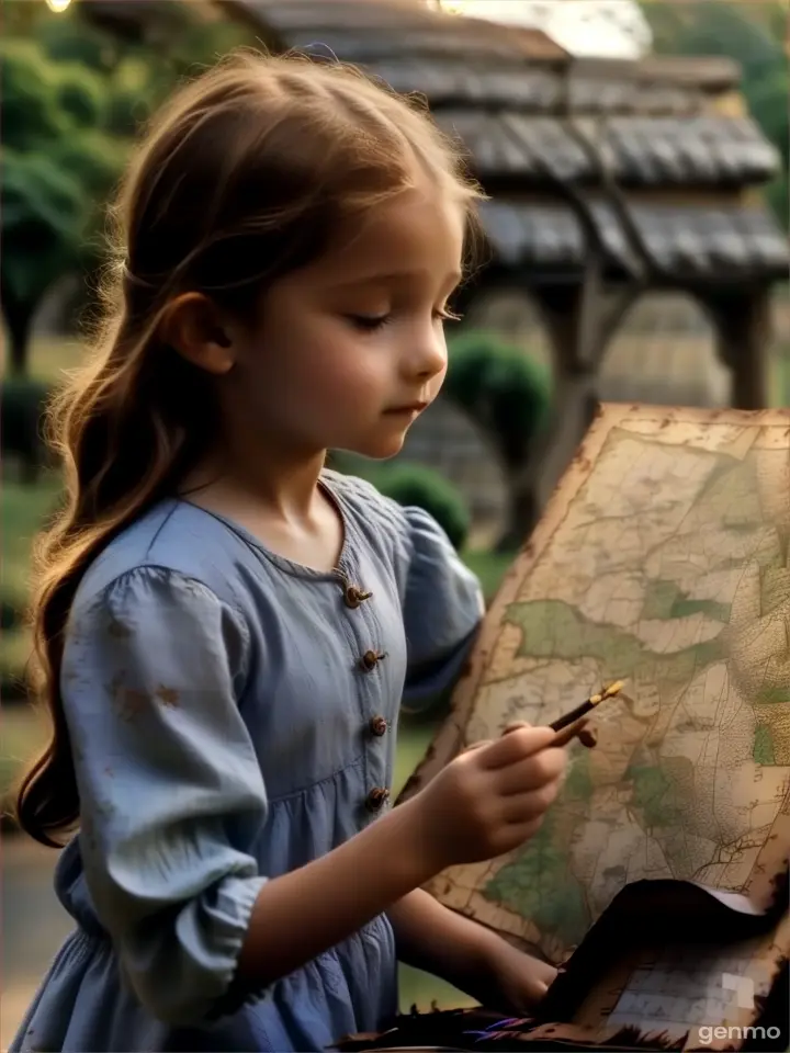 a little girl holding a map and writing on it