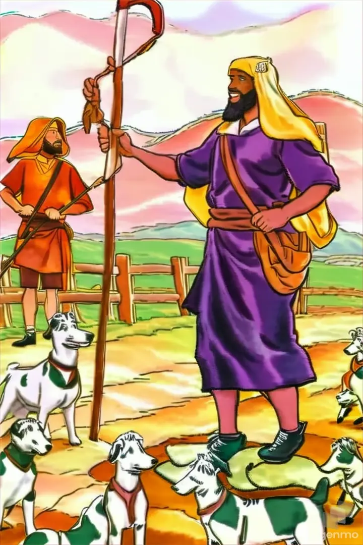 a painting of a man with a staff surrounded by dogs