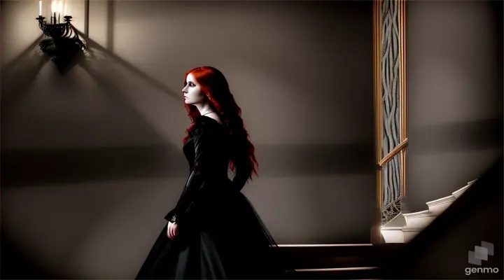 a gothic woman in a black dress with red hair on her head goes down the steps on the walls there are shadows everywhere (realistic)