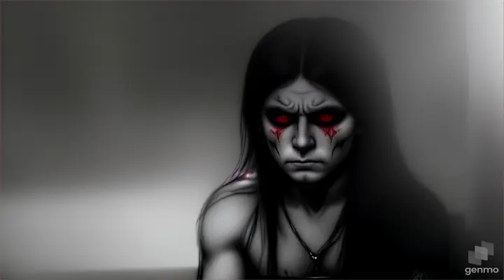 A sorrowful demon with a face etched in sadness stands out vividly against the stark white of cocaine. In a dimly lit bar or warm studio setting, he is captured in a tattoo, his emotions palpable. Sitting next to him is a striking red-haired woman, adding contrast to the scene. This haunting image, perhaps a highly detailed painting or photograph, depicts a dark yet compelling narrative with exquisite detail and emotion. Every element in the composition is richly described and of exceptional quality, The scene in the bar,