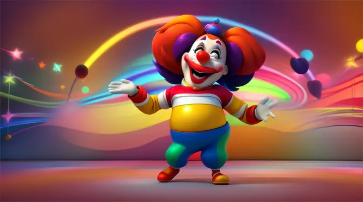 3d cartoon animation of a clown dancing in a colourful circus